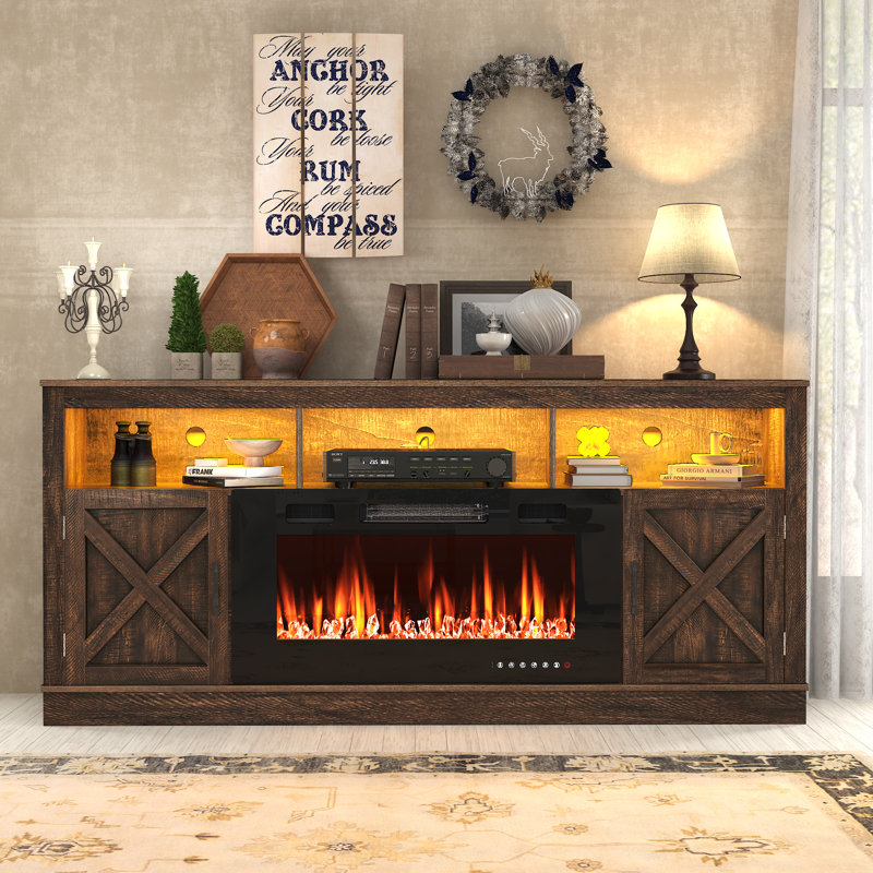 Farmhouse Fireplace Tv Stand For 78 Inch Tv With 36 Electric Fireplace Led Light 70 Media Console With Barn Door Cabinet For Living Room
